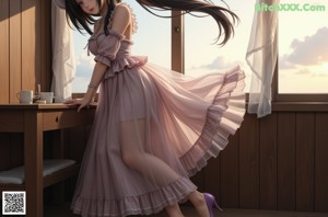 A woman in a purple dress sitting on a bed.