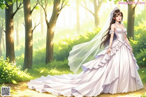 A woman in a wedding dress standing in the woods.