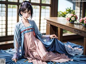 A woman in a kimono holding a piece of paper.