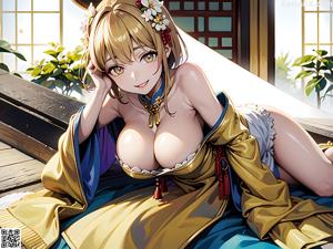 A woman in a blue kimono sitting on the ground.