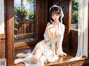 A woman in a blue kimono sitting on a wooden bench.