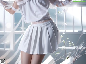A woman in a white shirt and panties posing for a picture.