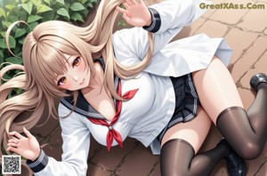 A woman in a school uniform is posing for the camera.