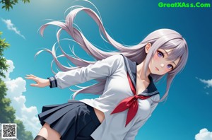 A woman in a school uniform is posing for a picture.
