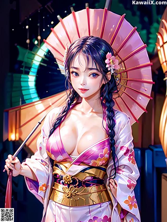 A woman in a kimono holding an umbrella.