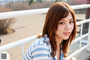 a woman standing in front of a building wearing a blue and white striped shirt