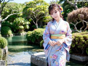 A woman in a blue kimono sitting on a concrete bench.