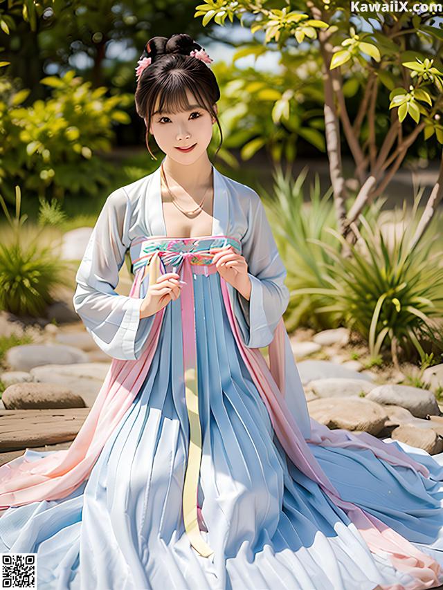 A woman in a blue and pink dress sitting on a bench.