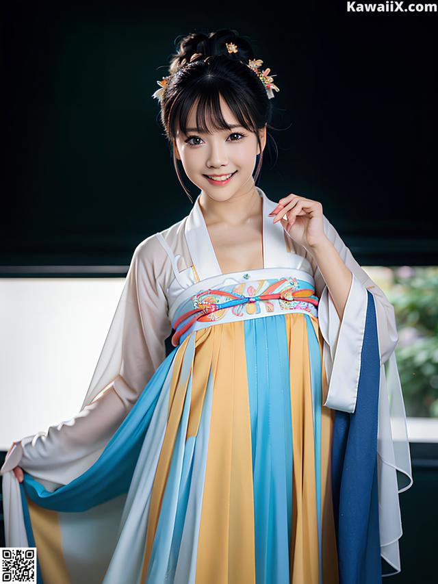 A woman in a blue and yellow dress posing for a picture.