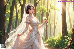 A woman in a long white dress walking through a forest.