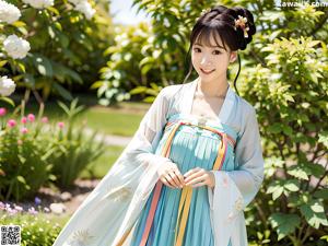 A woman in a white kimono posing for the camera.