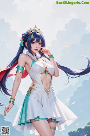 A woman with long black hair standing on a rock.