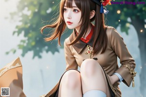 A woman in a white and brown outfit with a red flower in her hair.