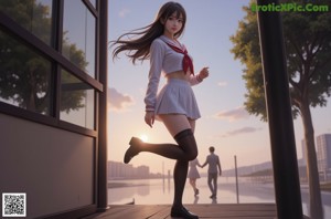 A girl in a school uniform is posing for the camera.
