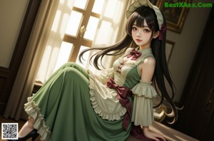 a woman in a pink dress sitting on a window sill