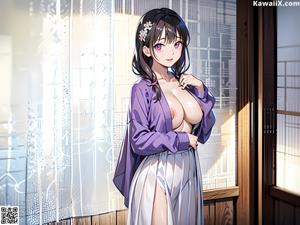 A woman in a white kimono standing in front of a door.