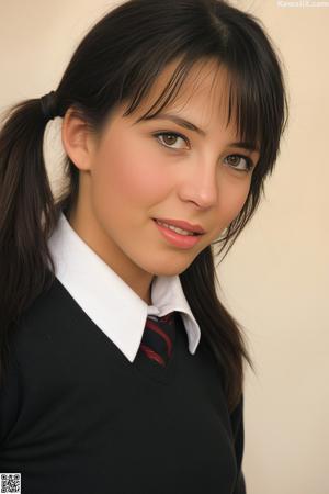 A woman in a purple shirt and black skirt posing for a picture.