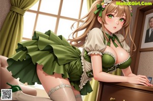 A woman in a green dress and white stockings.