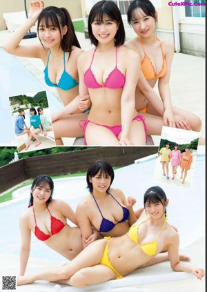 A group of women in bikinis posing in a pool.