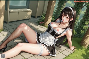 A woman in a maid outfit sitting on a couch.