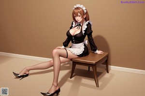 A woman in a maid outfit posing naked on a porch.