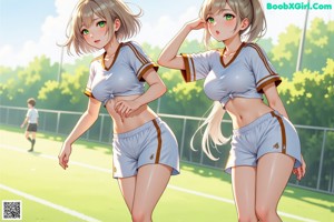 A woman with long black hair standing in front of a soccer field.