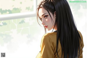 A girl with long black hair standing in front of a tree.
