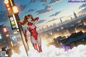 A woman in a red bathing suit standing in front of a city.