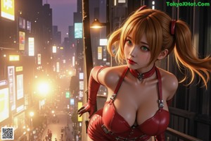 A woman in a red and black outfit standing in a city.