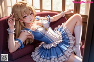 A woman in a blue and white dress sitting on a chair.