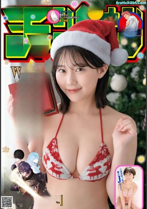 A woman in a red and white bikini and a santa hat.