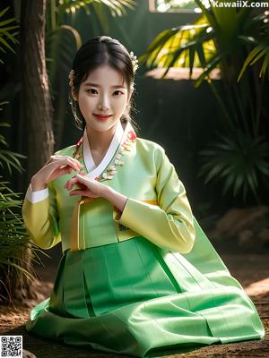 A woman in a pink hanbok is posing for a picture.