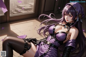 A woman with long purple hair sitting on a window sill.
