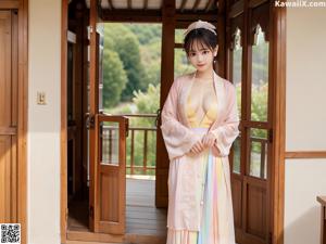 A woman in a white kimono sitting on a bed.