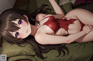 A naked woman sitting on a bed in a bedroom.