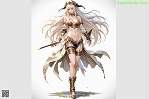 A woman with long white hair, wearing a revealing outfit and holding a sword.