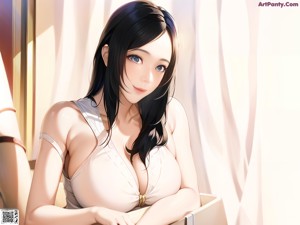 A woman sitting on top of a white couch.