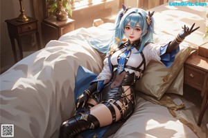 A woman with blue hair standing in front of a river.