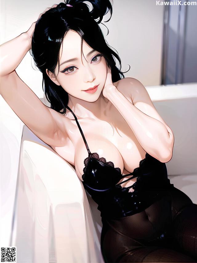 A woman in a black lingerie sitting on a bathtub.