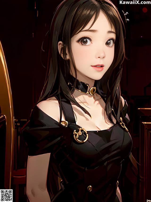 A woman in a black dress standing in front of a mirror.