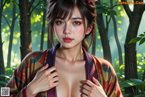 A woman in a kimono standing in the woods.