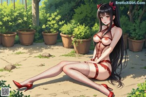 A woman in red lingerie reclines on a forest floor, surrounded by greenery and rocks.