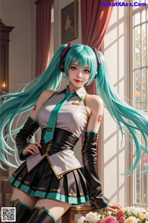 A woman with long green hair standing in a room.
