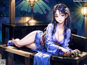 A woman in a kimono standing in front of a mirror.