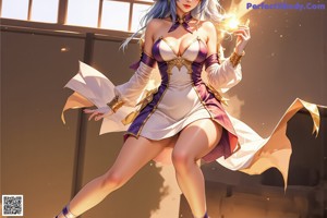 A woman with long blue hair wearing a white dress and angel wings.