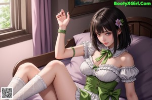 A woman in a green dress and white stockings posing for a picture.