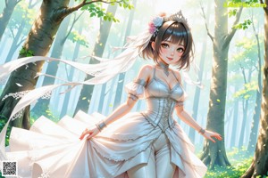 A woman in a wedding dress is walking through the woods.