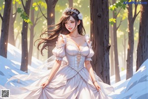 A woman in a wedding dress walking through a forest.