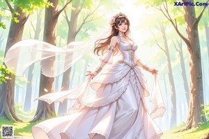 A woman in a wedding dress standing in the woods.