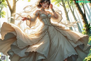 A woman in a wedding dress standing in the woods.